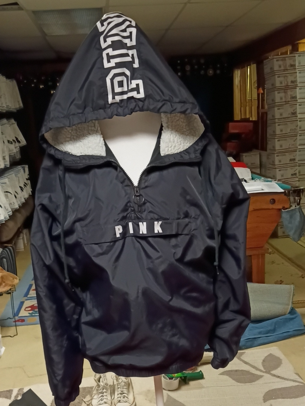 A297 PINK Victoria's Secret Black Hooded Sherpa-Lined Pullover